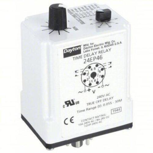 DESCRIPTION: (1) SINGLE FUNCTION TIME DELAY RELAY BRAND/MODEL: DAYTON #24EP46 INFORMATION: SOCKET MOUNTED, 240V AC, 10 A, 8 PINS/TERMINALS SIZE: SEE I