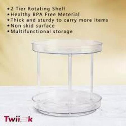 DESCRIPTION: (3) MULTI-FUNCTION ROTATING RACK INFORMATION: TRANSPARENT SIZE: 2 TIER RETAIL$: $25.17 EA QTY: 3