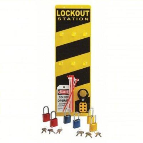 DESCRIPTION: (1) LOCKOUT STATION BRAND/MODEL: BRADY #9XN90 INFORMATION: GEN, LOCKOUT STATION, KEYED DIFFERENT PADLOCKS, TEXT, YELLOW RETAIL$: $294.40