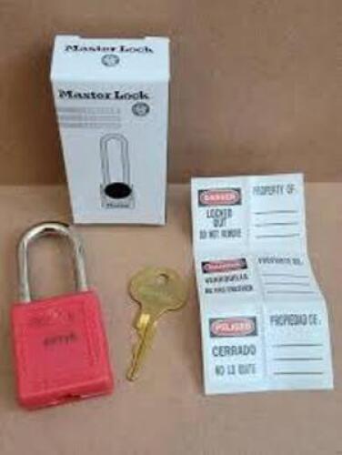 DESCRIPTION: (6) LOCKOUT PADLOCK BRAND/MODEL: MASTER LOCK/410MKW417REDLZ2 INFORMATION: RED/THERMOPLASTICS SIZE: 1-1/2"SHACKLE H X 1/4"SHACKLE DIA X 1-