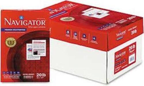 DESCRIPTION: (1) BOX OF (5) REEMS OF PRINTER PAPERBRAND/MODEL: NAVIGATORSIZE: 20 LB 8.5X11RETAIL$: $120.00 EAQTY: 1