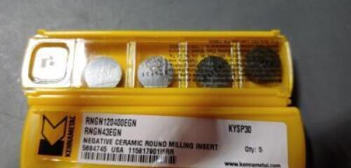 DESCRIPTION: (10) CERAMIC TURNING INSERTS BRAND/MODEL: KENNAMETAL RNGN 120400EGN RETAIL$: $240.10 QTY: 10