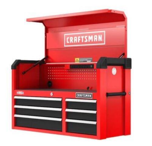 DESCRIPTION: (1) STEEL TOOL CHEST BRAND/MODEL: CRAFTSMEN INFORMATION: TOP IS DETACHED, NEEDS MINOR REPAIRS SIZE: 16" X 41" X 24.7" RETAIL$: $309.00 QT