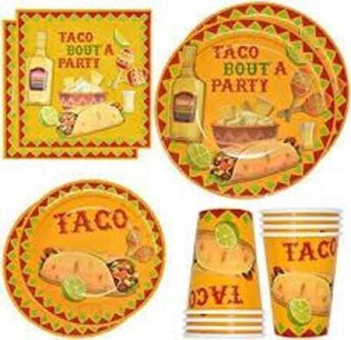 DESCRIPTION: (6) DISPOSABLE DINNERWARE SET BRAND/MODEL: BLUE PANDA #LJ-GDPLS-032218-91-1 INFORMATION: TACO DESIGN SIZE: SERVES 24 RETAIL$: $16.00 EA Q