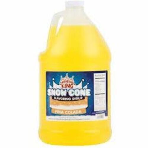 DESCRIPTION: (2) FLAVORING SYRUP BRAND/MODEL: CARNIVAL KING SNOW CONE INFORMATION: PINA COLADA SIZE: 1 GALLON RETAIL$: $8.39 EA QTY: 2