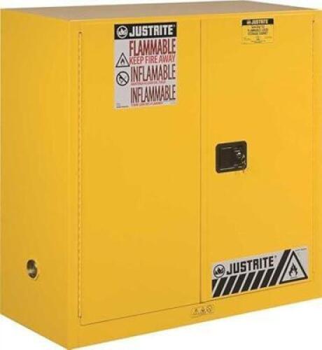 DESCRIPTION: (1) FLAMMABLES SAFETY CABINET BRAND/MODEL: JUSTRITE/893000 INFORMATION: MANUAL CLOSE, YELLOW RETAIL$: $1,421.58 SIZE: 44" H x 43" W x 18"