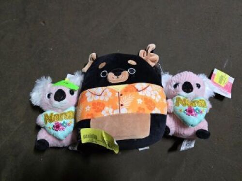 DESCRIPTION: (3) STUFFED ANIMALS BRAND/MODEL: SQUISHMALLOWS INFORMATION: TWO NANA BEARS, ONE HAWAIIAN DOG QTY: 3