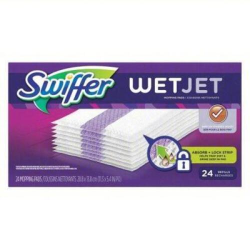 DESCRIPTION: (4) PACKS OF (24) REFILL MOPPING PADS BRAND/MODEL: SWIFFER #40K032 INFORMATION: SYNTHETIC, WHITE, WET JET SIZE: 3 IN OVERALL WD, 11 IN OV