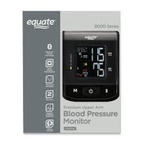 DESCRIPTION: (1) BLOOD PRESSURE MONITOR BRAND/MODEL: EQUATE #8000 SERIES INFORMATION: BLACK, UPPER ARM RETAIL$: $57.88 EA QTY: 1