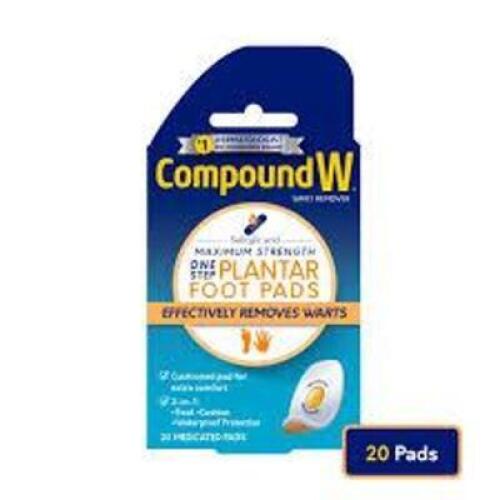 DESCRIPTION: (1) BOX OF (20) MEDICATED PADS BRAND/MODEL: COMPOUND W PLANTAR FOOT PADS RETAIL$: $6.99 E QTY: 1