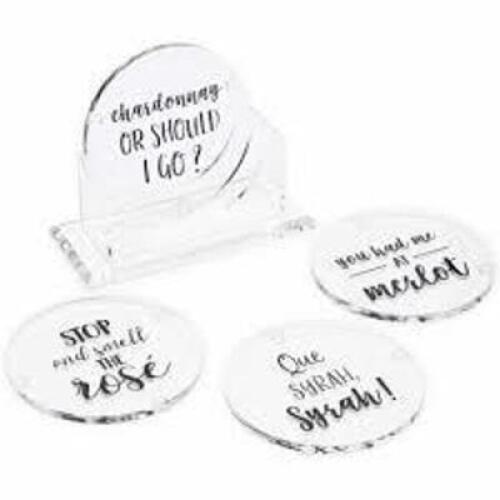 DESCRIPTION: (3) BOXES OF (4) CLEAR COASTER WITH WINE PUNS BRAND/MODEL: JUVALE RETAIL$: $20.00 EA QTY: 3