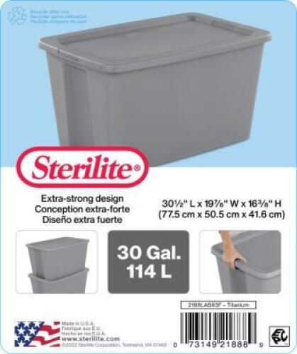 DESCRIPTION: (1) TOTE BOX BRAND/MODEL: STERILITE INFORMATION: GRAY SIZE: 30 GALLON RETAIL$: $11.98 EA QTY: 1