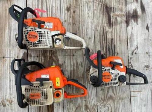DESCRIPTION: (3) GAS CHAINSAWS BRAND/MODEL: STIHL INFORMATION: NOT IN WORKING CONDITION - SOLD AS IS FOR PARTS QTY: 1