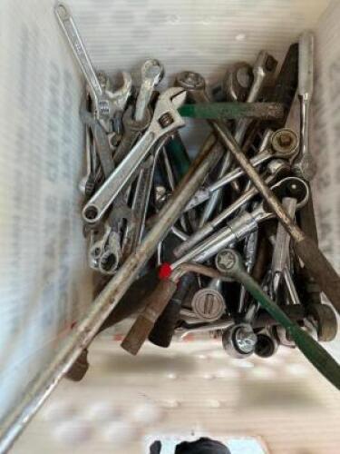 TUB OF ASSORTED WRENCHES AND RATCHETS