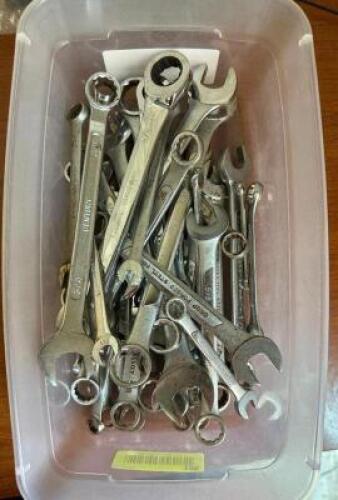 BIN OF ASSORTED WRENCHES