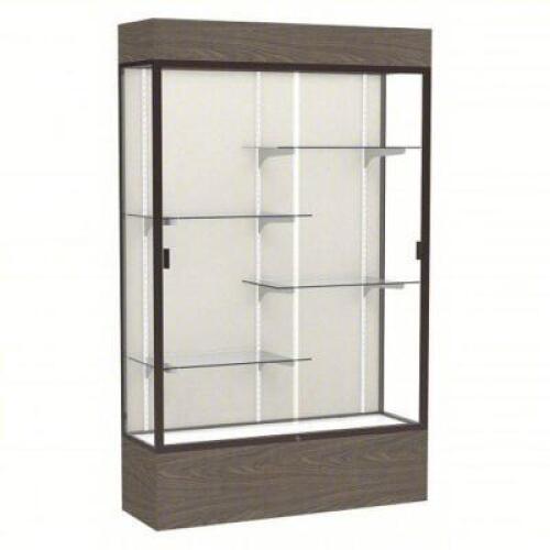 DESCRIPTION: (1) FREESTANDING DISPLAY CASEBRAND/MODEL: GHENT #56TP05INFORMATION: WOODEN WALNUT VINYL, GLASS FRONT IS BROKEN, SEE INSPECTIONSIZE: 80" X 48" X 16"RETAIL$: $3622.90 EAQTY: 1
