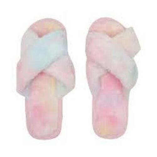 DESCRIPTION: (5) PAIRS OF FUZZY FLIP FLOPS BRAND/MODEL: ZODACA INFORMATION: RAINBOW MULTI COLOR SIZE: MEDIUM RETAIL$: $8.99 EA QTY: 5