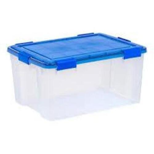 DESCRIPTION: (4) PLASTIC STORAGE BOX BRAND/MODEL: WEATHERPRO INFORMATION: CLEAR/BLUE RETAIL$: $26.07 EA QTY: 4