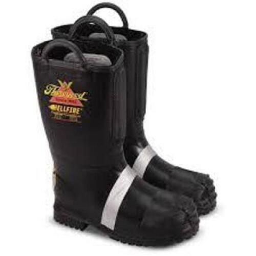 DESCRIPTION: (1) PAIR OF RUBBER FIRE BOOTS BRAND/MODEL: THOROGOOD HELLFIRE INFORMATION: BLACK WITH REFLECTIVE STRIPE SIZE: 7.5 M RETAIL$: $199.00 EA Q