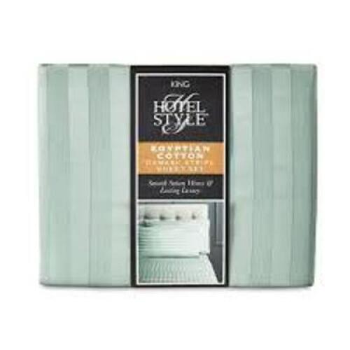 DESCRIPTION: (1) DAMASK STRIPE SHEET SET BRAND/MODEL: HOTEL STYLE INFORMATION: GREEN, SMOOTH SATEEN WEAVE, EGYPTIAN COTTON SIZE: KING RETAIL$: $119.00