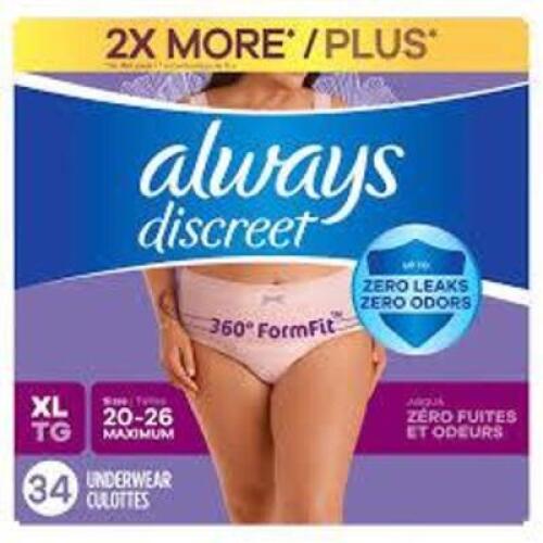 DESCRIPTION: (1) CASE OF (34) DISPOSABLE UNDERWEAR BRAND/MODEL: ALWAYS INFORMATION: ZERO LEAKS, ZERO ODORS SIZE: XL RETAIL$: $27.87 EA QTY: 1