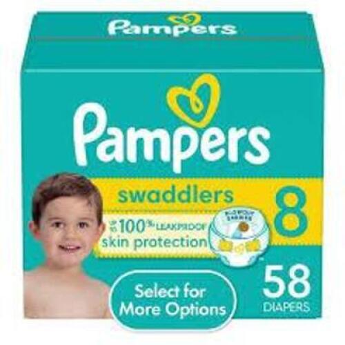 DESCRIPTION: (1) PACK OF (58) SWADDLERS BRAND/MODEL: PAMPERS SIZE: SIZE 8 RETAIL$: $39.77 EA QTY: 1