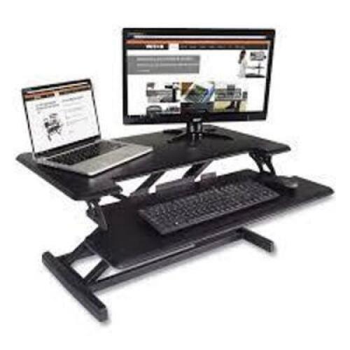 DESCRIPTION: (1) HIGH RISE ADJUSTABLE STANDING DESK WITH KEYBOARD TRAY BRAND/MODEL: VICTOR #DCX610 INFORMATION: BLACK RETAIL$: $154.76 EA QTY: 1