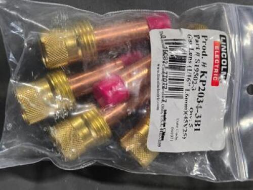 DESCRIPTION: (4) PACK OF (5) GAS LENS BRAND/MODEL: LICOLN ELECTRIC KP2034-3B1 SIZE: 1/16" 1.6mm RETAIL$: $279.60 QTY: 4