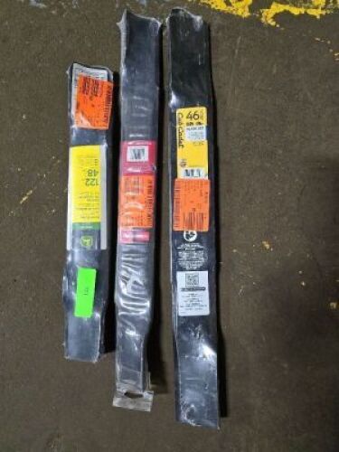 DESCRIPTION: (3) DIFFERENT LAWN MOWER BLADES BRAND/MODEL: TORO, JOHN DEERE, CUB CADET SIZE: 48/42/46 RETAIL$: $100.00 EA QTY: 3
