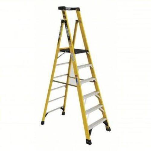DESCRIPTION: (1) PODIUM STEPLADDER BRAND/MODEL: WERNER #PD7306 INFORMATION: YELLOW, FIBERGLASS SIZE: 9 FT LADDER HT, 6 FT PLATFORM HT, 375 LB, 56 IN B