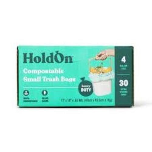 DESCRIPTION: (1) CASE OF (30) COMPOSTABLE SMALL TRASH BAGS BRAND/MODEL: HOLDON SIZE: 4 GALLON RETAIL$: $26.19 EA QTY: 1