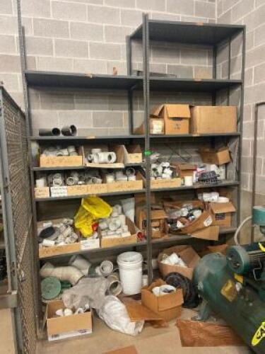 UTILITY SHELF WITH LARGE GROUP OF PVC PIECES AND HARDWARE ITEMS