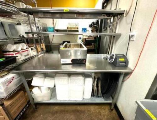 STAINLESS PREP TABLE W/ TWO TIER SHELF AND HEAT LAMP