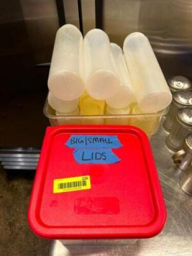 ASSORTED CONDIMENT BOTTLES WITH LIDS