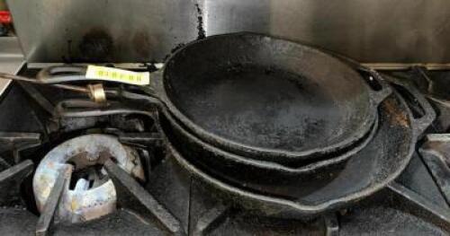 (3)- ASSORTED SIZED CAST IRON SKILLETS