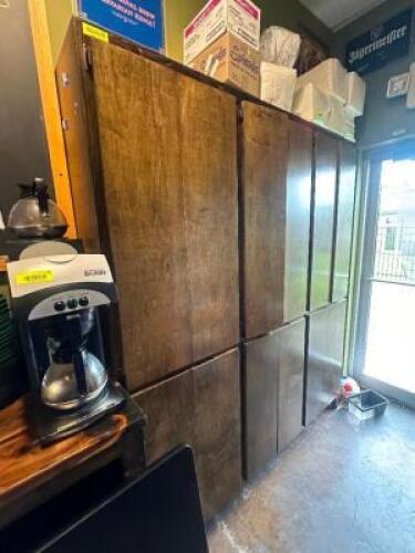 EIGHT COMPARTMENT WOODEN WALL STORAGE CABINET W/ DOUBLE DOORS