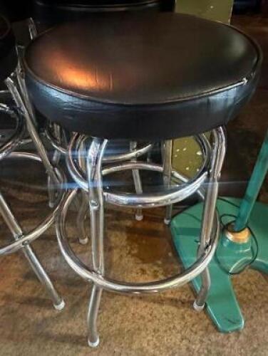 (4) 14" ROUND BLACK BAR STOOLS W/ CHROME BASES.