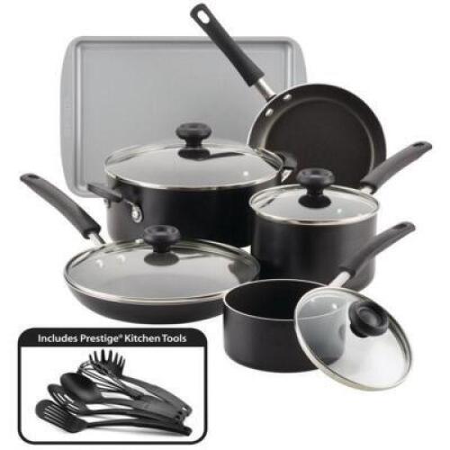 FARBERWARE 15-PIECE EASY CLEAN ALUMINUM NONSTICK POTS AND PANS SET/COOKWARE SET, BLACK