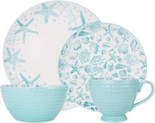 PFALTZGRAFF VENICE 16-PIECE STONEWARE DINNERWARE SET, SERVICE FOR 4, AQUA/WHITE