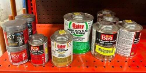 ASSORTED PVC CEMENT, EXPOXY AND PRIMER