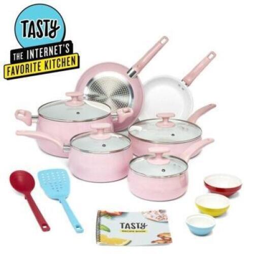 CERAMIC TITANIUM-REINFORCED NON-STICK COOKWARE SET, PINK, 16-PIECE
