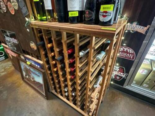 120 BOTTLE WOODEN WINE DISPLAY RACK W/ FLAT DISPLAY COUNTER TOP.