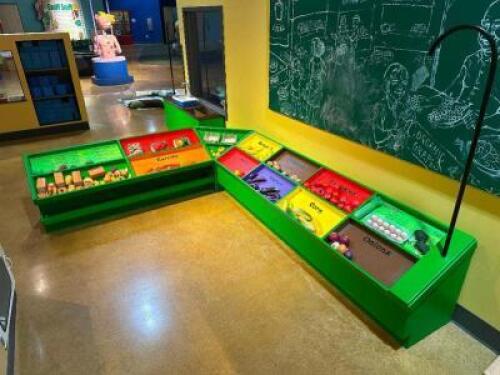 CUSTOM BUILT CHILDREN'S FARMERS MARKET WITH MULTIPLE CABINETS, FAKE FOOD, AND CALK BOARD MENU