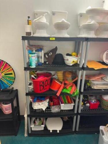 (3) - 6FT. SHELVING UNITS WITH ASSORTED COSTUME AND DECORATION CONTENTS
