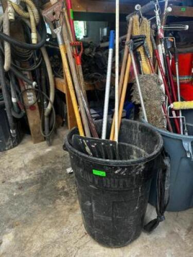 DESCRIPTION TRASH CAN W/ CONTENTS - ASSORTED LONG HANDLES. THIS LOT IS: ONE MONEY QTY 1