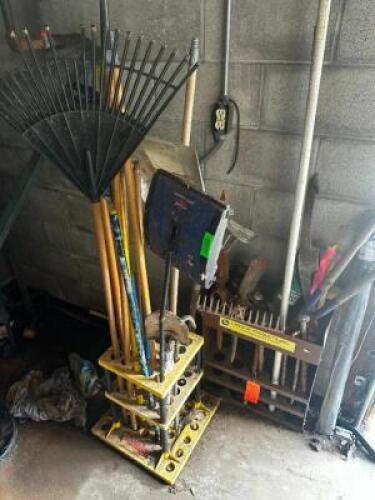 DESCRIPTION RACK AND CONTENTS - ASSORTED LONG HANDLE TOOLS THIS LOT IS: ONE MONEY QTY 1
