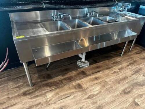 DESCRIPTION 72" FOUR WELL UNDER BAR STAINLESS SINK W/ DRY BOARDS. ADDITIONAL INFORMATION DOUBLE FAUCET AND SPEED RAILS LOCATION BAR QTY 1