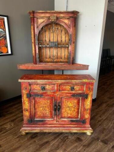 DESCRIPTION 45" DECORATIVE HOSTESS STAND W/ BACK BAR RAIL AND CABINET. ADDITIONAL INFORMATION DISTRESSED LOOK. LOCATION BAR QTY 1