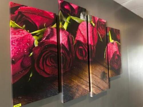 DESCRIPTION FOUR PANEL CANVAS ROSE PRINT ART WORK. THIS LOT IS: ONE MONEY LOCATION BAR QTY 1