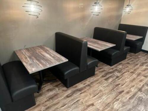 DESCRIPTION (3) SECTIONS OF 48" BROWN VINYL BOOTH SEATING SECTIONS W/ TABLES. ADDITIONAL INFORMATION (2) DOUBLES, (2) END CAPS, AND (3) TABLES. THIS L